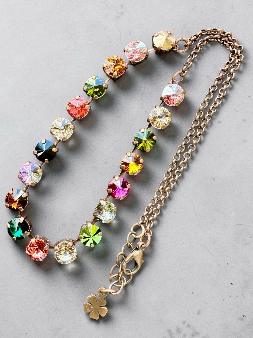 Colorful Crystal Statement Necklace with Bronze Chain 19”